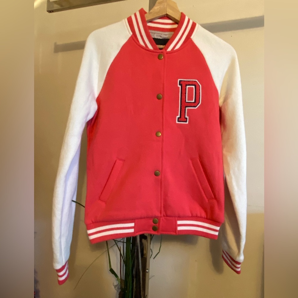 Victorias Secret Pink Varsity Jacket Pink Colorblock Red Orange/off White XS